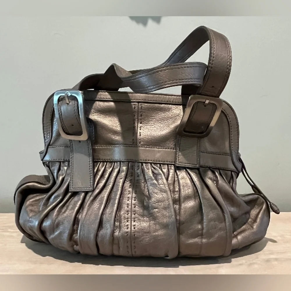 Cole Haan Rouched Vintage Silver Leather Satchel New With Tags